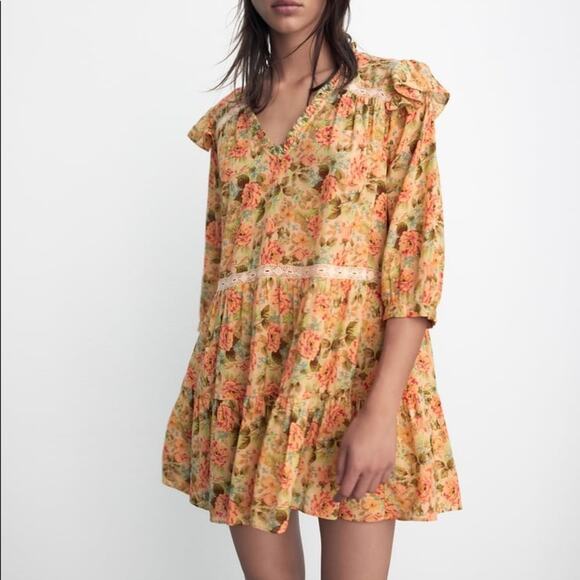 ZARA FLORAL PRINT DRESS MULTICOLORED - Picture 1 of 8